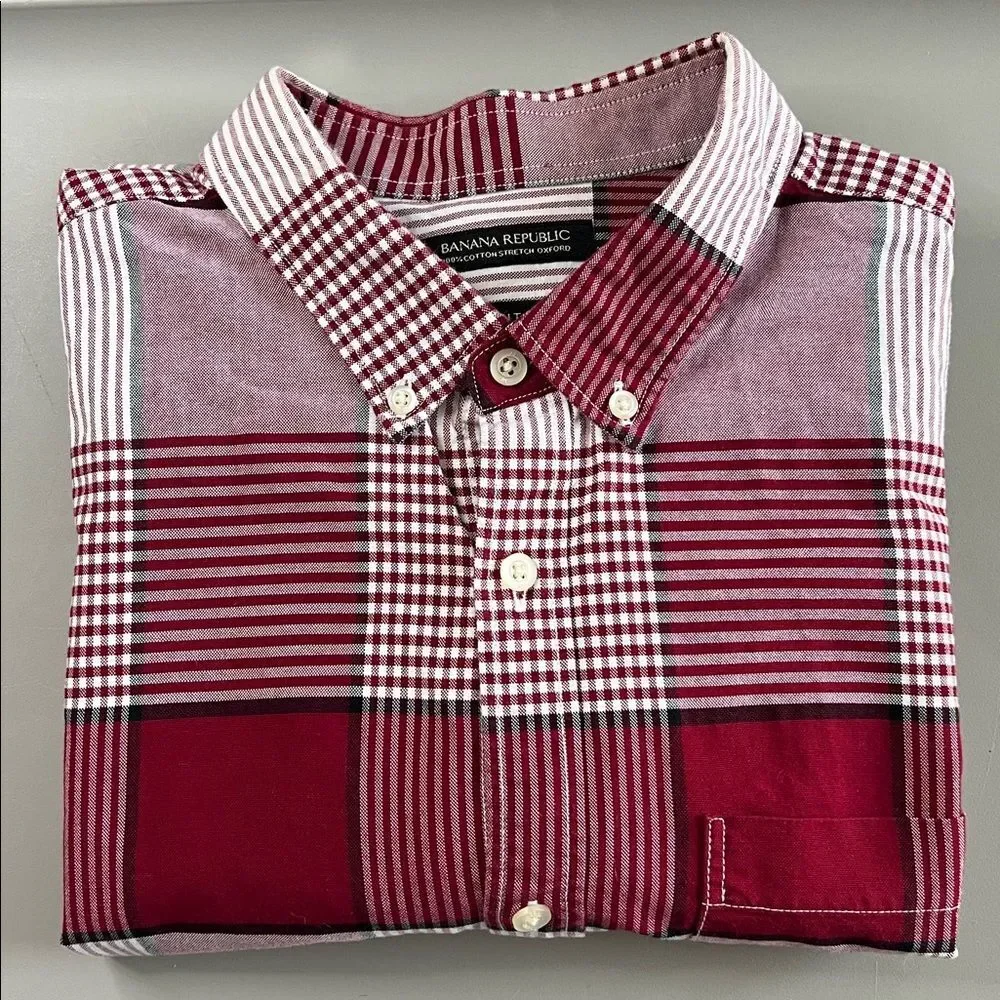Banana Republic Grant Fit Stretch Oxford Button Down Red Plaid Size XL